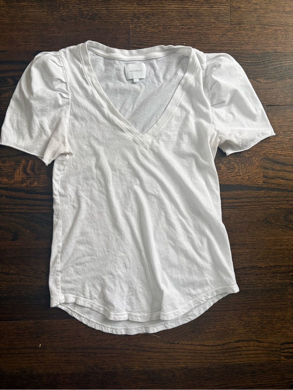sundays White V-Neck Puff Short Sleeve Tee